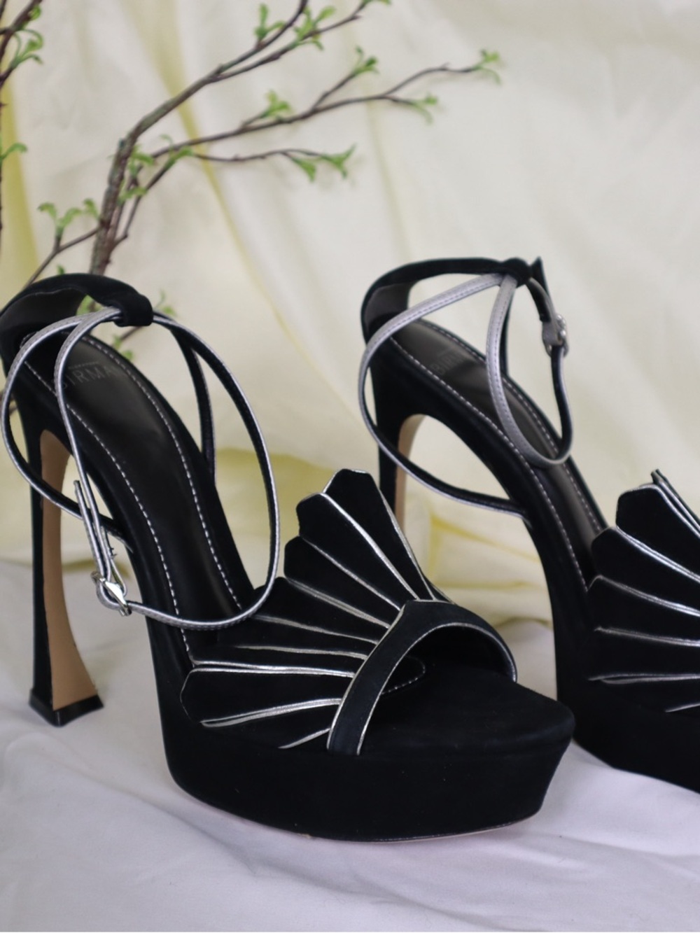 Alexandre Birman Black Velvet Platform Heels with Silver Trim